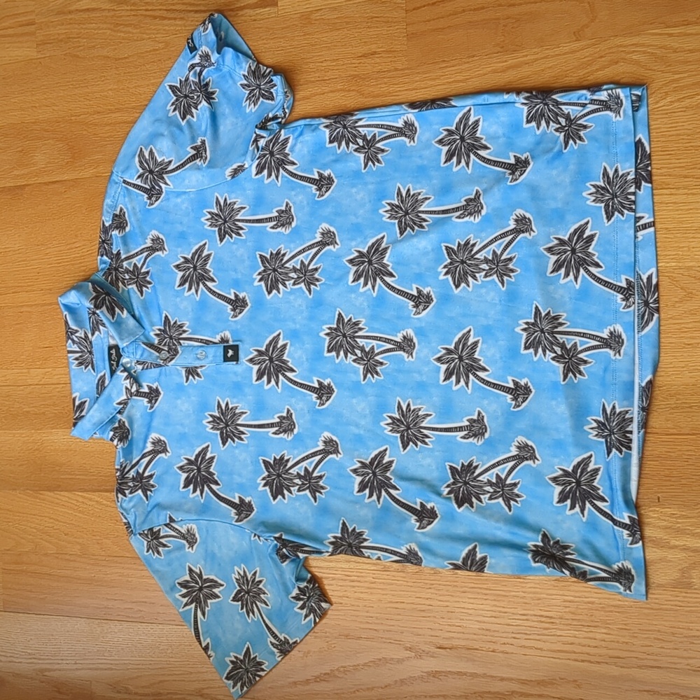 Bad Birdie Men's Large Golf Polo Shirt Blue Palm Tree Print
